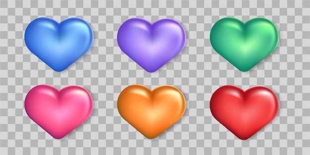 Set of six colorful 3d rendering shiny hearts isolated on transparent background