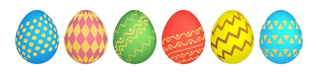 Set of six colorful Easter eggs on white background Holiday gift decoration Vector illustration