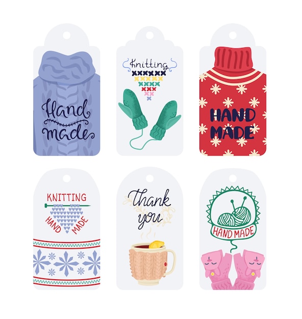 Vector set of six craftthemed tags with cozy knitting and handmade elements cute tags with sweater mittens