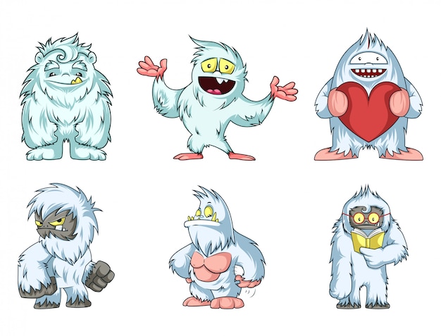 Set di sei simpatici yeti in diverse pose.