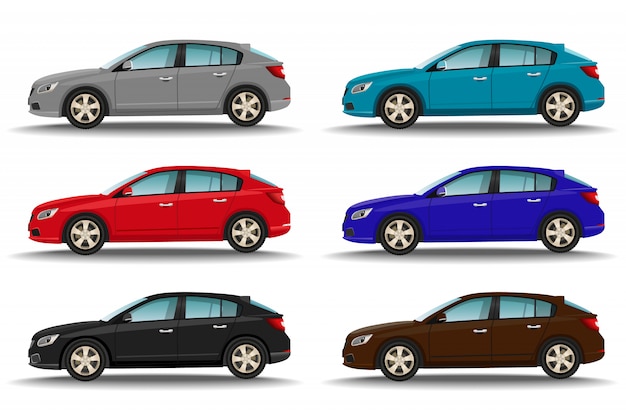 Set of six different colors cars . hatchback vehicles side view. family transport .