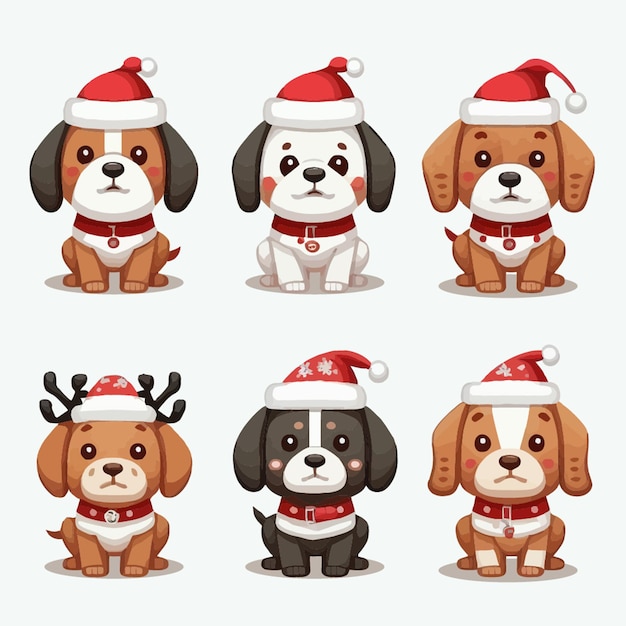 クリスマスの衣装を着た6匹の犬のセット。イラストキャラクター