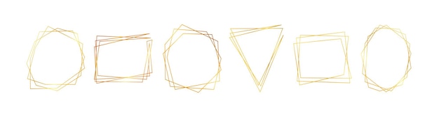 Vettore set di sei cornici poligonali geometriche dorate con effetti brillanti isolati su sfondo bianco