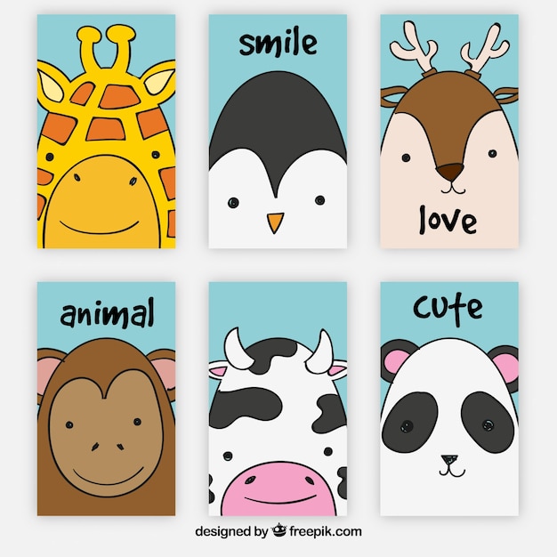 Vector set of six hand drawn animal cards