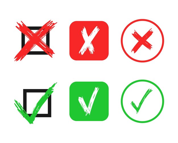 Set of six hand drawn check and cross sign elements isolated on white background grunge doodle green checkmark ok and red x in different icons vector illustration