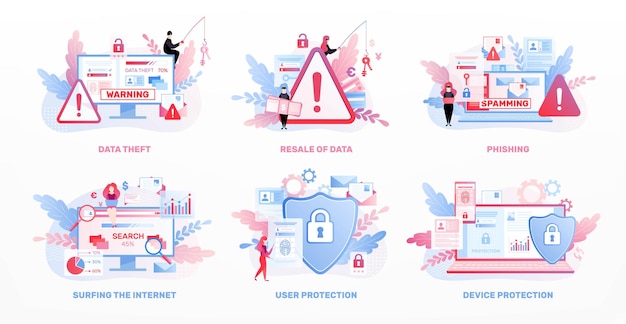 Set di sei composizioni isolate per la privacy dei dati con icone piatte di avvisi di avviso, serrature e scudi illustrazione vettoriale