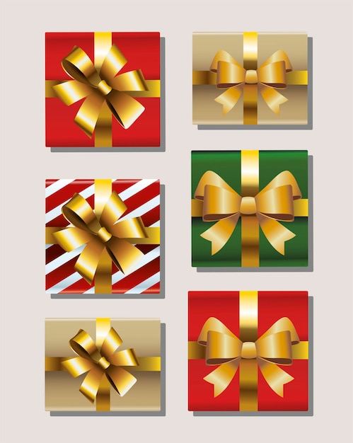 Vector set of six merry christmas gifts with golden bows icons illustration