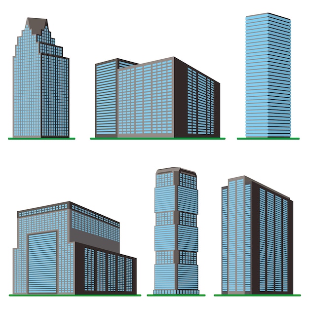 Set of six  modern high-rise building on a white background. view of the building from the bottom. isometric vector illustration.