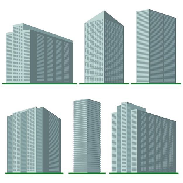 Set di sei moderni grattacieli su sfondo bianco. veduta dell'edificio dal basso. illustrazione vettoriale isometrica.