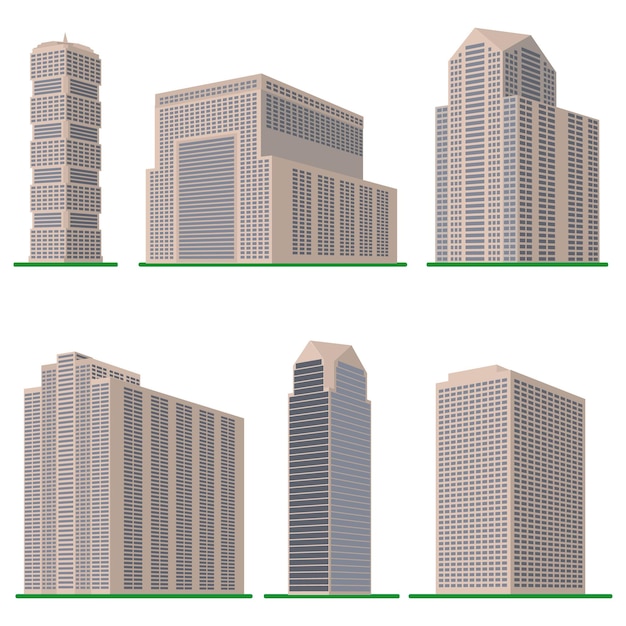 Set of six  modern highrise building on a white background View of the building from the bottom