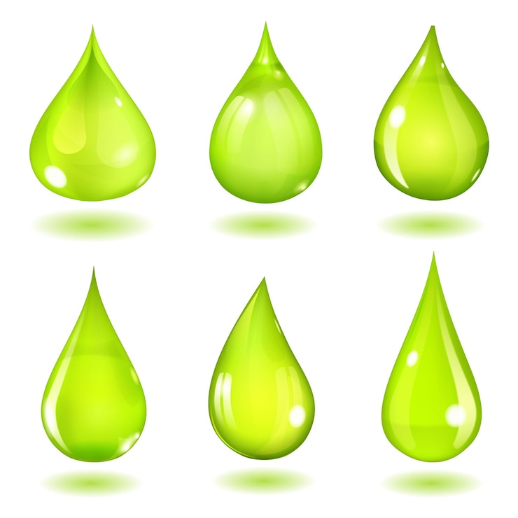 Vector set of six opaque drops of different forms in saturated green colors