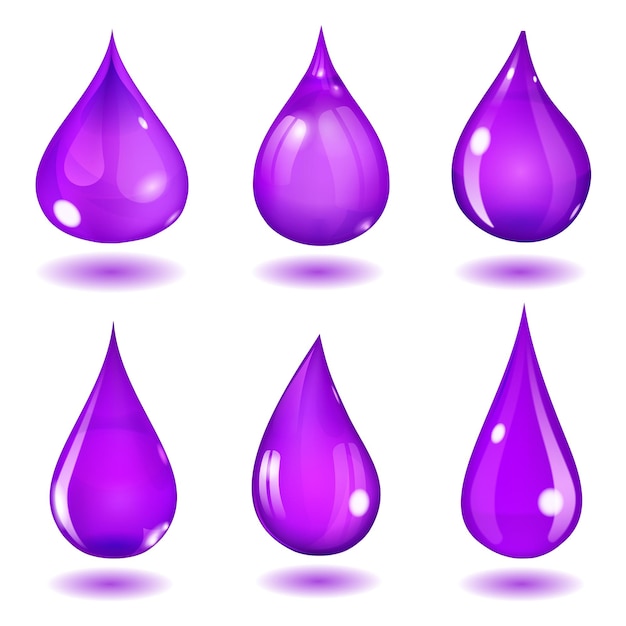 Set of six opaque drops of different forms in saturated violet colors