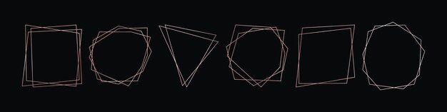 Vector set of six rose gold geometric polygonal frames with shining effects isolated on dark background