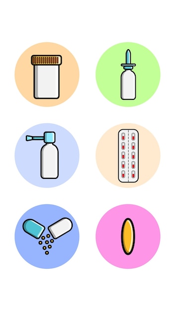 A set of six round icons for topical with medical medical pharmacological items a jar of pills drops