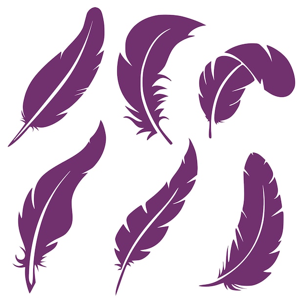 Vector set of six silhouettes of feathers