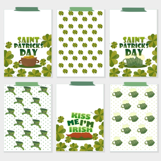 Set of six st. patricks day cards with beer glasses, clover, pot of gold, hat, moustache. perfect for holiday greetings, prints, placards