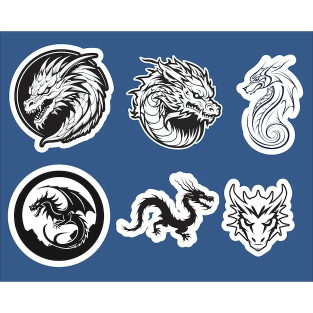 Vector set of six sticker six diverse dragon heads