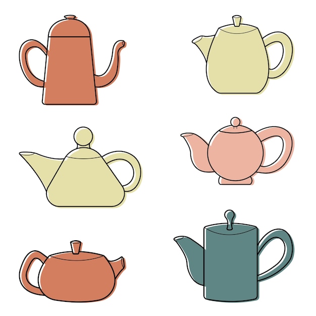 Set of six teapots Doodle style