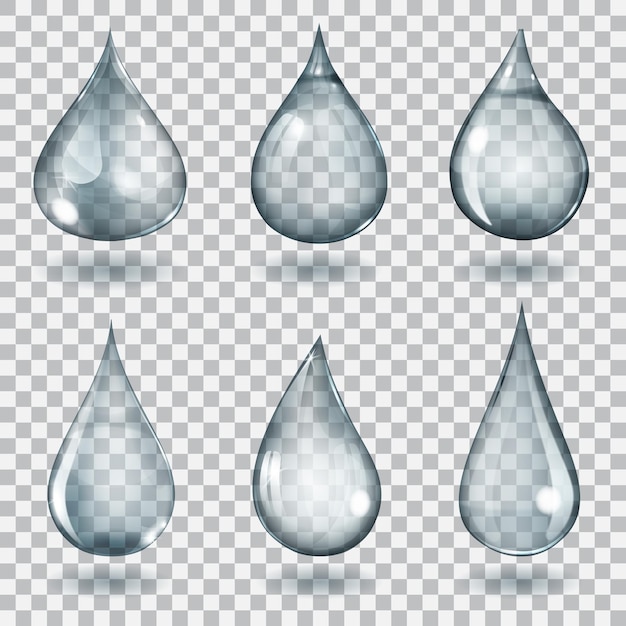 Set of six transparent drops of different forms in gray colors