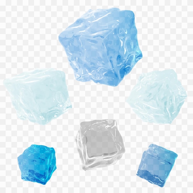 Vector set of six transparent ice cubes in blue and gray colors