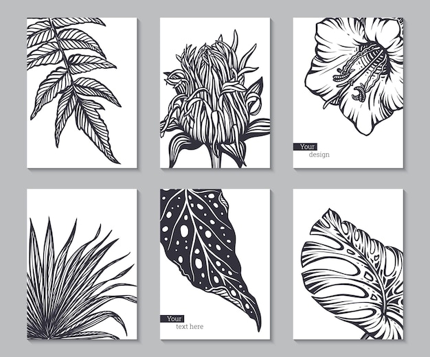 Set di sei carte vettoriali con foglie esotiche di palma della giungla di fiori tropicali disegnati a mano