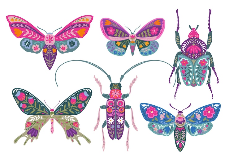 Vector set of six vector ornate insects beetles butterflies folk art floral posters illustrations