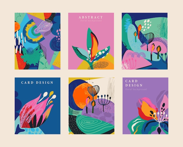 Vector set of six vector premade cards in modern abstract style with nature motifs flowers leaves and hand drawn texture