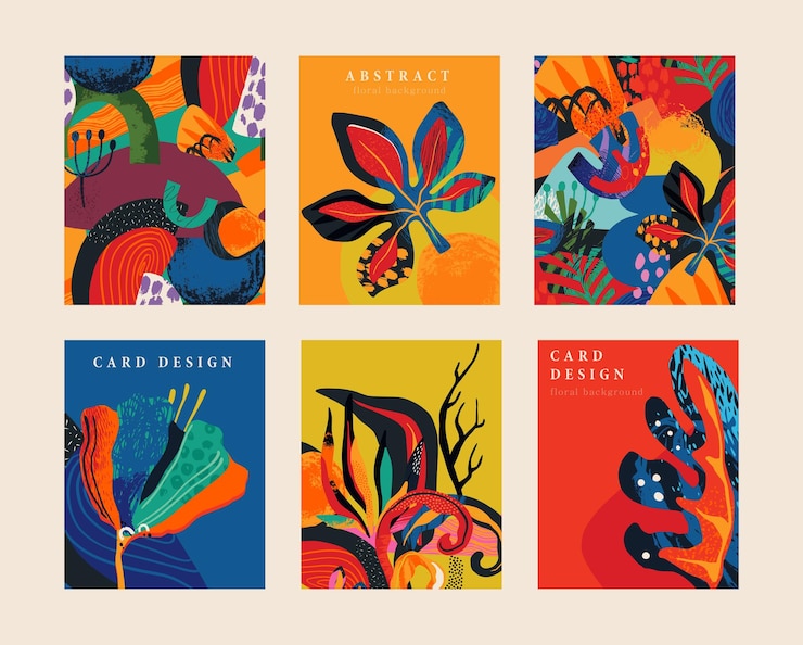 Vector set of six vector premade cards in modern abstract style with nature motifs flowers leaves and hand drawn texture