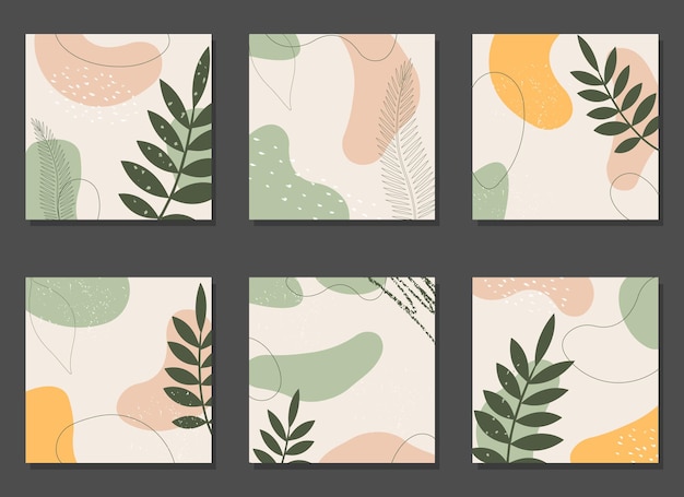 Set of six vector square backgrounds with abstract shapes and tropical leaves ornamentCollection