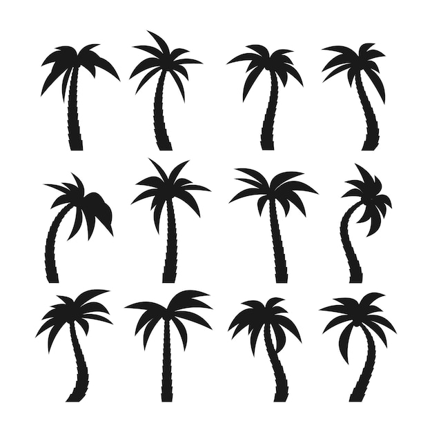 Set of sixteen different dark silhouettes of cartoon palm trees isolated on white background. vector illustration