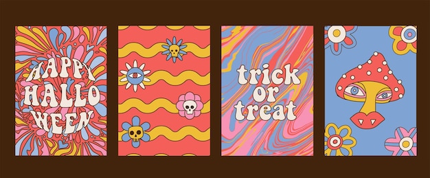 Set of a size posters with a flowers splashes mushroom groove s psychedelic vintage halloween cards