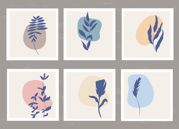 Set sjablonen met abstracte compositie van eenvoudige vormen en natuurlijke botanische elementen