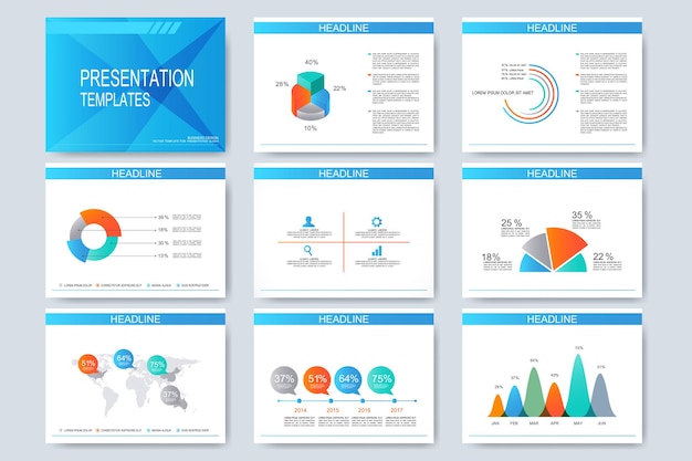 Vector set sjablonen presentatie dia's. modern bedrijfsontwerp met grafiek en grafieken.