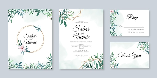 Set sjabloon bruiloft uitnodigingskaart met aquarel groen