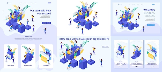 Set sjabloon ontwerp artikel, Landing page, app ontwerp, Isometric concept carrière ladder voor vrouwen, succes in grote bedrijven. Business lady slaagt. Adaptive 3D.