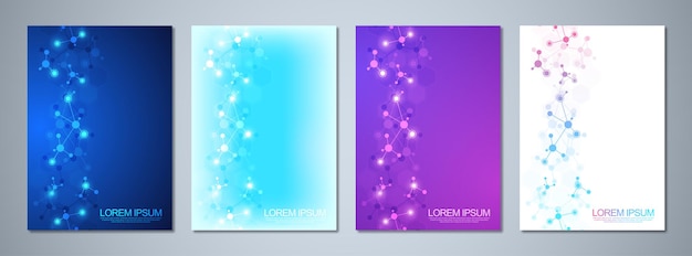 Set sjabloonbrochures of omslagontwerp, boek, flyer, met moleculenachtergrond en neuraal netwerk. Abstracte geometrische achtergrond van aaneengesloten lijnen en punten. Wetenschap en technologie concept.