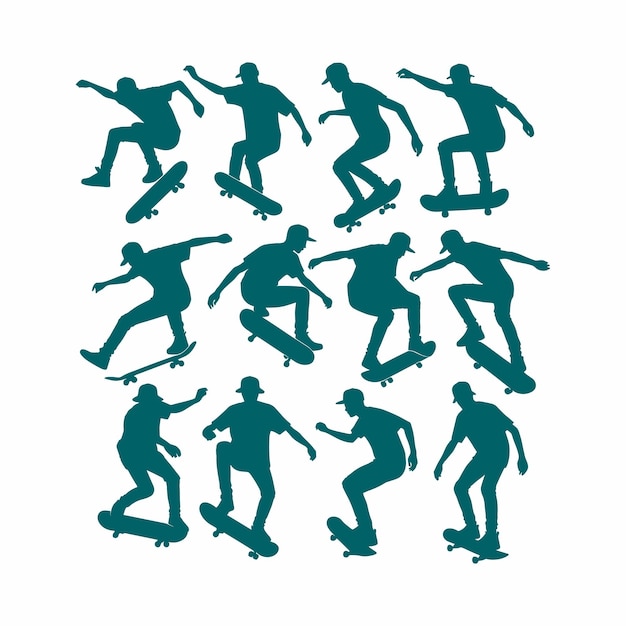 Set of skate board player logo vector silhouette