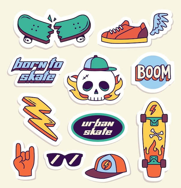 Set of skateboarding badges stickers with skull skateboard lightning inscriptions shoes and hat