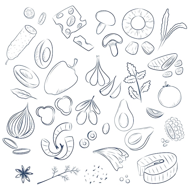 Vector set sketch food illustration black and white linear