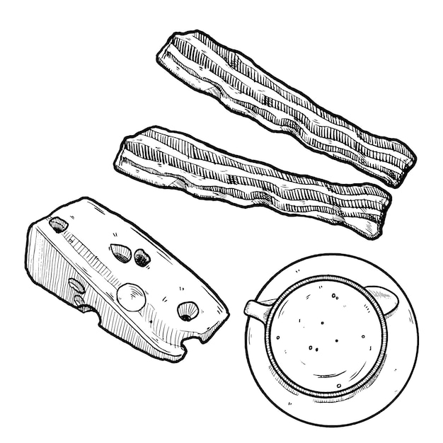 Vector set of sketch and hand drawn breakfast lunch meal bacon cheese and coffee cup