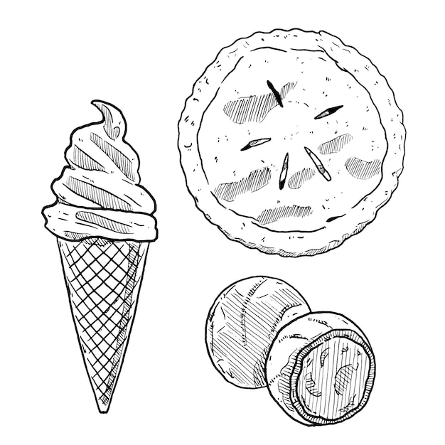 Set of sketch and hand drawn dessert and sweet pie ice cream and chocolate truffle