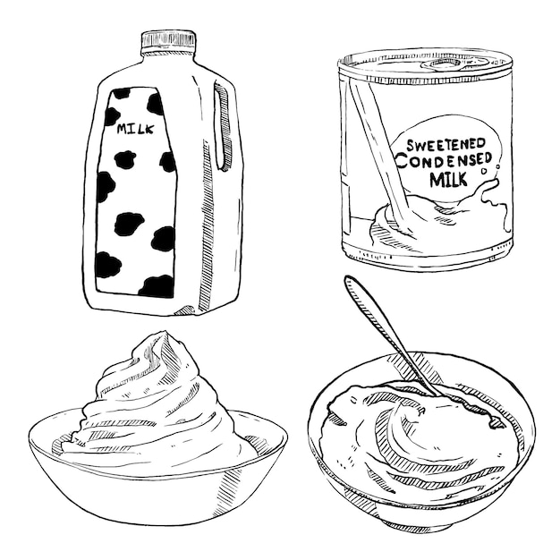 Vector set of sketch and hand drawn element milk product collection