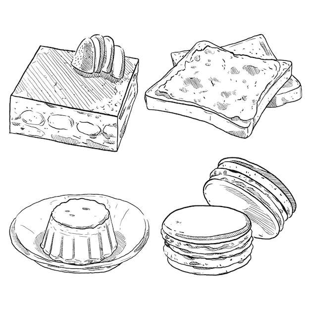 Set of sketch and hand drawn sweet dessert menu toast tiramisu pudding and macaroon