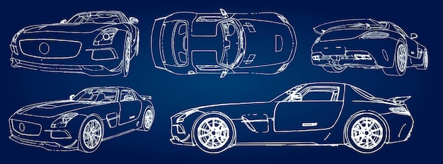 Vector set sketch of a modern sports car on a blue background with a gradient.