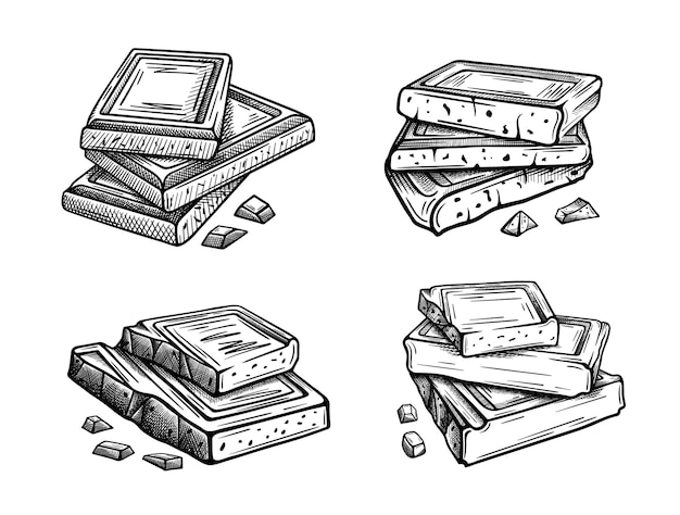 Vector set of sketch pieces of chocolate isolated. hand drawing style