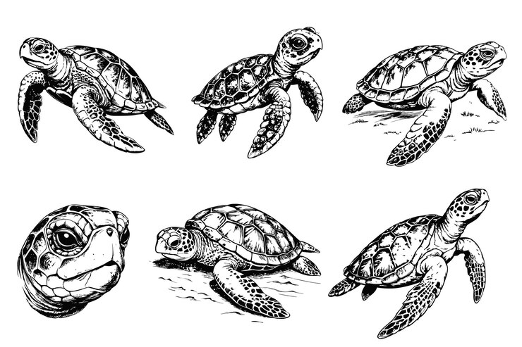 Vector set of sketch of a sea turtle on a white background