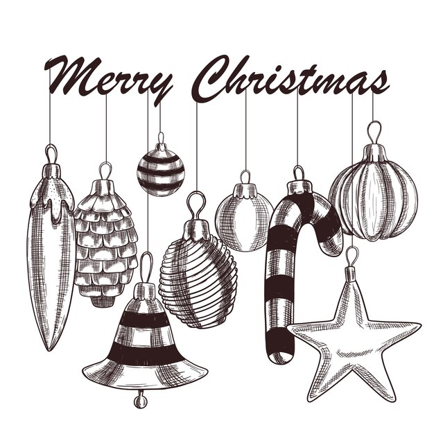 set of sketch style christmas balls hanging on the phrase merry christmas