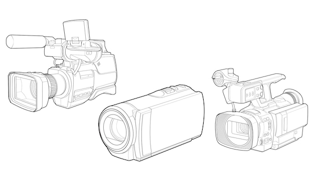 白い backgroundra ビデオ カメラ ベクター スケッチ イラスト トレーニング tamplate のビデオ カメラのスケッチのセット