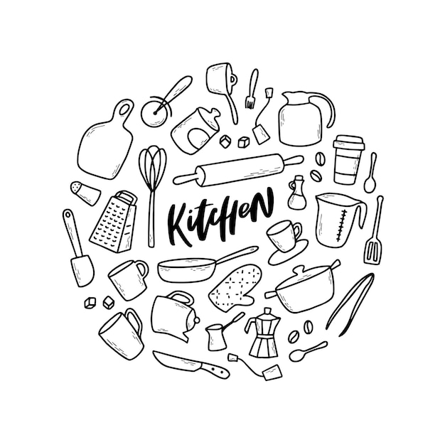 Set of sketched kitchen doodles