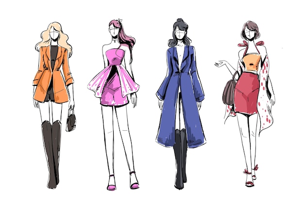 Set of sketches of beautiful and diverse female fashion outfits.